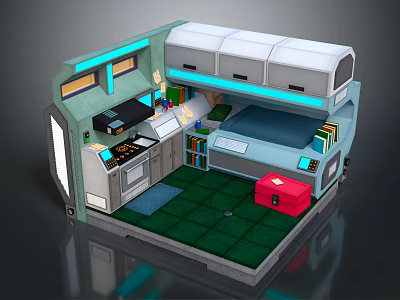 Compact Modern Living Space With Kitchen Bed Green Floor Bookshelf Red Box And Blue Lighting 3d model