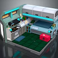 Compact Modern Living Space With Kitchen Bed Green Floor Bookshelf Red Box And Blue Lighting