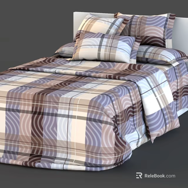 Cozy Plaid Pattern Double Bed With Matching Bedspread And Decorative Pillows 3d model 