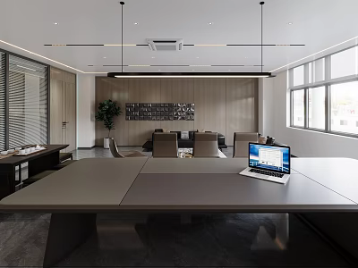 Modern Office Open Space With Large Conference Table Laptop Wooden Wall Green Plant Hanging Lights 3d model