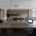 Modern Office Open Space With Large Conference Table Laptop Wooden Wall Green Plant Hanging Lights