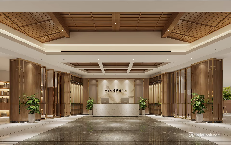 Elegant Hotel Lobby With Wooden Ceiling Walls Marble Floor Reception Desk And Green Plants 3d model 