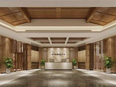 Elegant Hotel Lobby With Wooden Ceiling Walls Marble Floor Reception Desk And Green Plants 3d model
