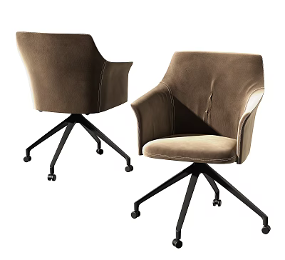 Two Brown Velvet Office Chairs with Armrests and Black Wheeled Base 3d model