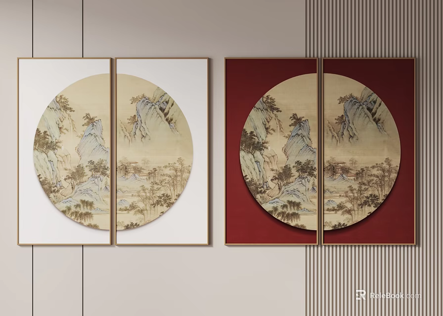 Chinese Landscape Abstract Paintings In White And Red Frames On Wall 3d model