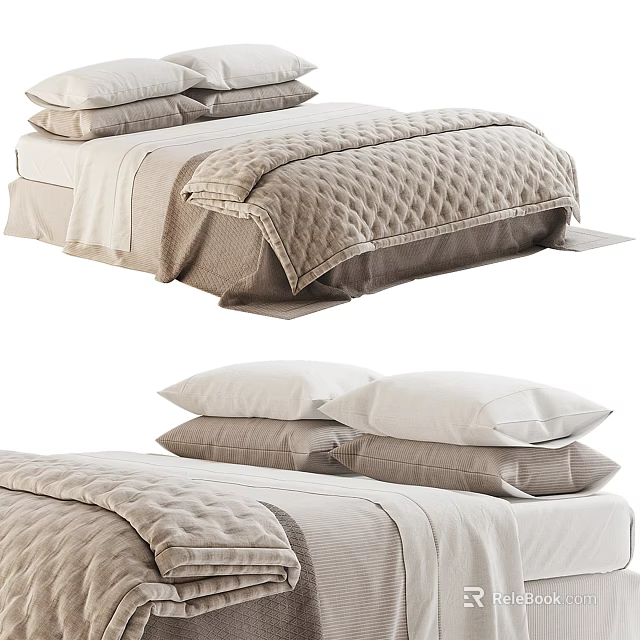 Modern Double Bed Interior With Beige Quilted Comforter Stacked Pillows And Soft Bed Sheets 3d model 