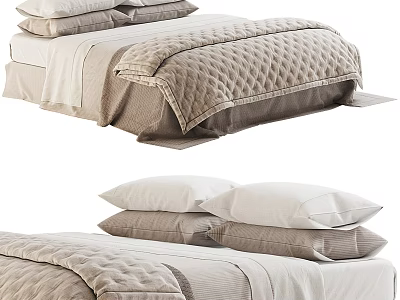 Modern Double Bed Interior With Beige Quilted Comforter Stacked Pillows And Soft Bed Sheets 3d model