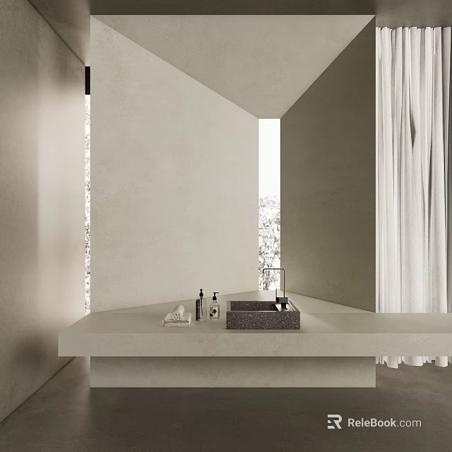 Modern Minimalist Washbasin Vanity With Concrete Countertop And White Curtains 3d model 