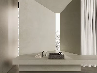Modern Minimalist Washbasin Vanity With Concrete Countertop And White Curtains 3d model