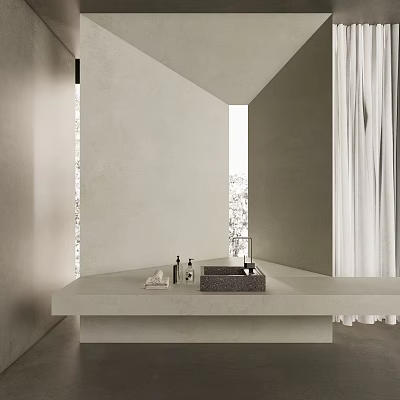 Modern Minimalist Washbasin Vanity With Concrete Countertop And White Curtains 3d model