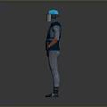 A Man In Blue Protective Suit With Gray Striped Design Orange Cuffs And Blue Helmet