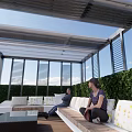 Modern Pergola With Metal Frame Sunshade And Outdoor Seating Surrounded By Greenery