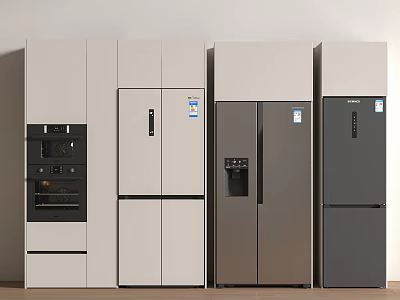 Stylish Refrigerators And Freezers In Different Colors Arranged Against The Wall 3d model