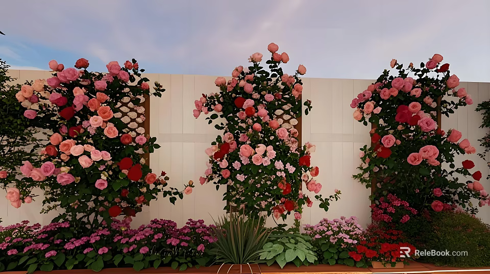 Colorful Climbing Roses And Mixed Flowers On Garden Wall With Pink Red Blooms 3d model 