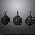 Three Hand Grenades With Ribbed Metal Shells And Safety Pins As Weapons