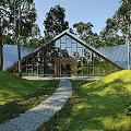 Modern Detached Villa With Sloped Roof Large Glass Windows Stone Path And Trees