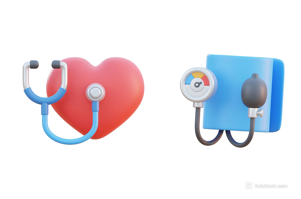 Medical Health Equipment Featuring Red Heart Stethoscope And Blue Blood Pressure Monitor 3d model 