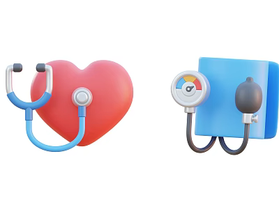 Medical Health Equipment Featuring Red Heart Stethoscope And Blue Blood Pressure Monitor 3d model