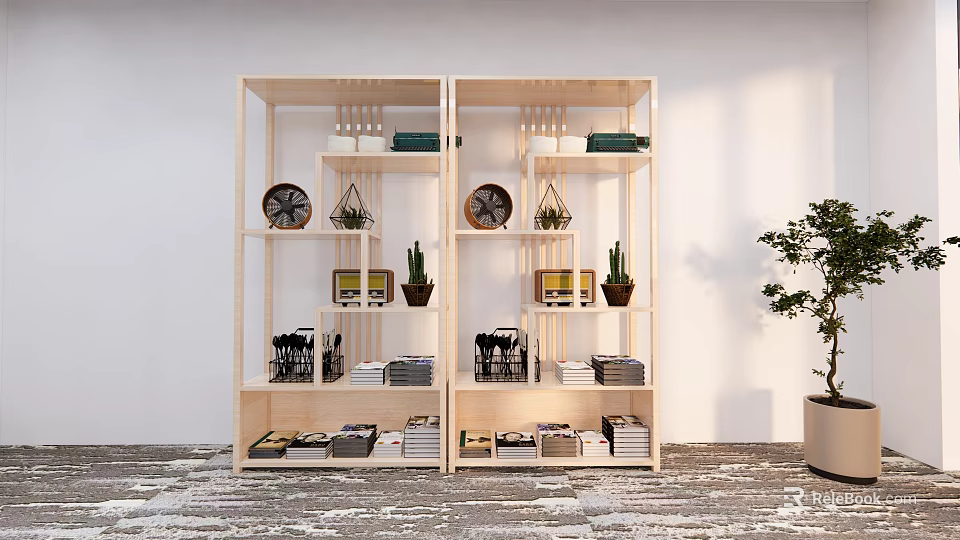 Double Wooden Shelving Unit With Decorative Clocks Potted Plants Books Storage Boxes In Indoor Area 3d model 
