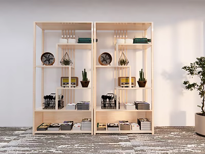 Double Wooden Shelving Unit With Decorative Clocks Potted Plants Books Storage Boxes In Indoor Area 3d model