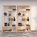 Double Wooden Shelving Unit With Decorative Clocks Potted Plants Books Storage Boxes In Indoor Area