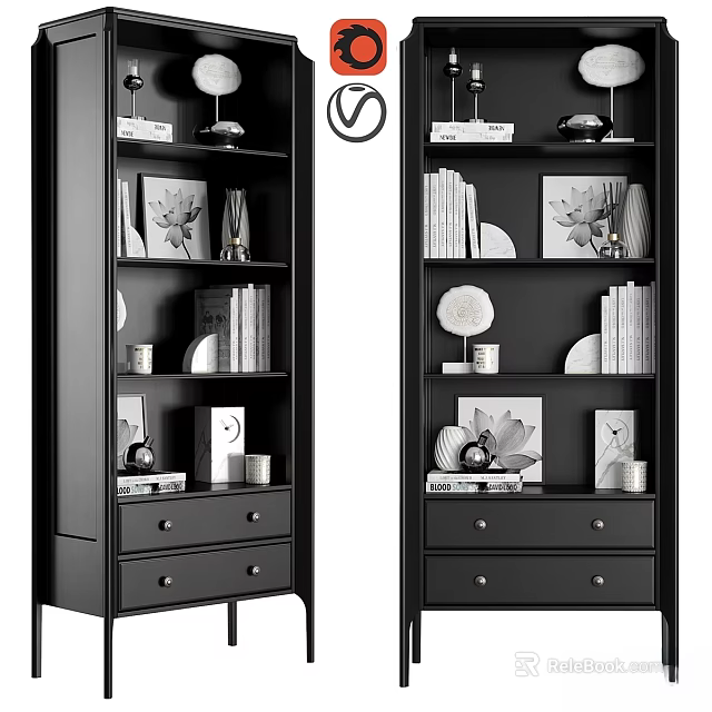 Modern Black Storage Shelf With Drawers Books Decor Items And Photo Frames 3d model 
