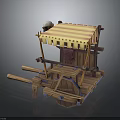 Wooden Cart Building With Yellow And White Striped Awning And Wooden Support Beams