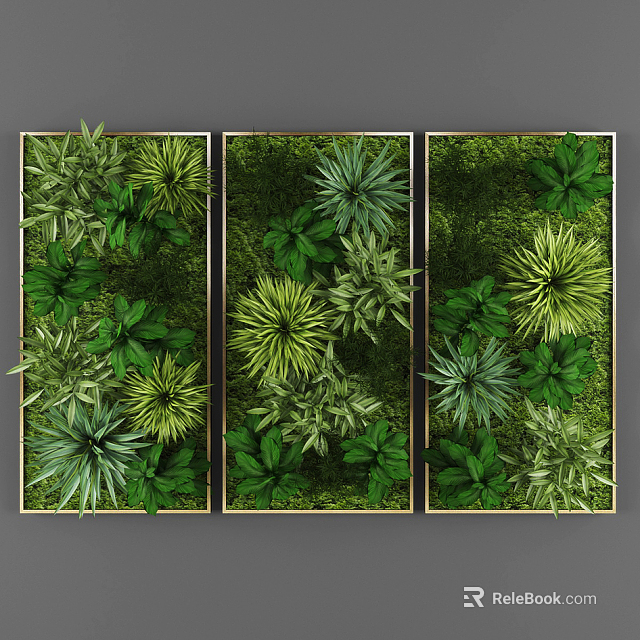 Three Panel Green Plant Wall With Golden Frames And Various Indoor Green Plants 3d model 