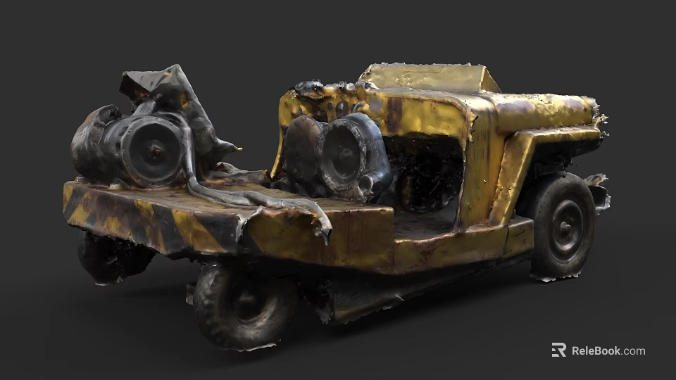 Rusty Modified Car With Exposed Engine Parts And Rusted Yellow Black Body 3d model 