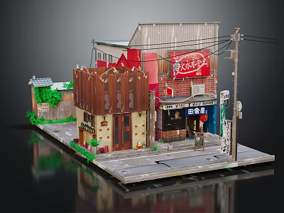 Cartoon Scene of Lively Street with Colorful Shops Buildings and Decorative Signs 3d model