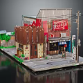 Cartoon Scene of Lively Street with Colorful Shops Buildings and Decorative Signs
