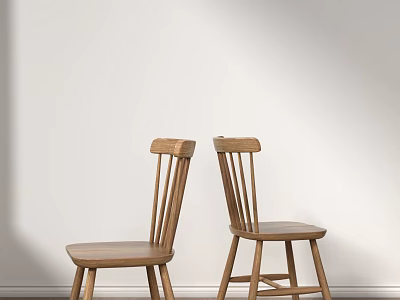 Two Modern Minimalist Wooden Leisure Chairs With Light Wood Tone Against White Wall 3d model