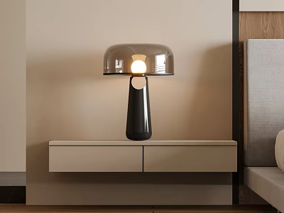 Modern Table Lamp With Transparent Lampshade Black Base Lit On Light Colored Bedroom Nightstand 3d model