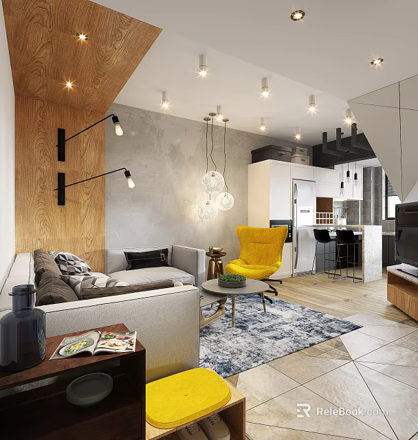 Modern Living Room Interior With Gray Sofa Yellow Armchair And Geometric Rug 3d model 