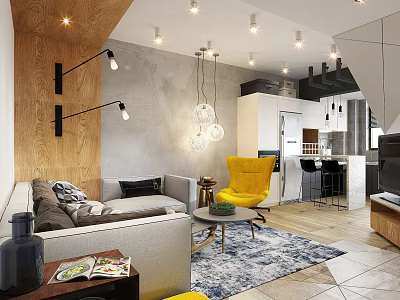 Modern Living Room Interior With Gray Sofa Yellow Armchair And Geometric Rug 3d model