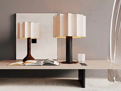 Table Lamps With Pleated Shades Different Dark Bases On Wooden Table Open Book White Cup 3d model