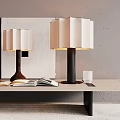 Table Lamps With Pleated Shades Different Dark Bases On Wooden Table Open Book White Cup