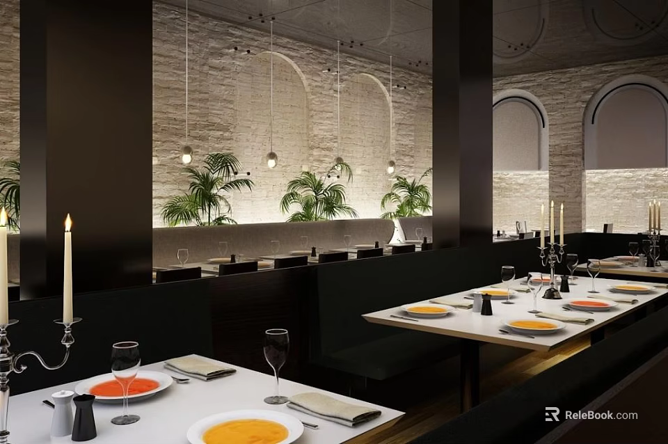 Stylish Modern Restaurant Interior With Brick Walls Pendant Lights Green Plants And Dining Tables Setup 3d model 