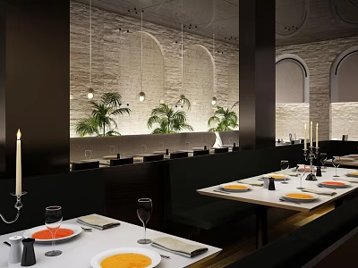 Stylish Modern Restaurant Interior With Brick Walls Pendant Lights Green Plants And Dining Tables Setup 3d model