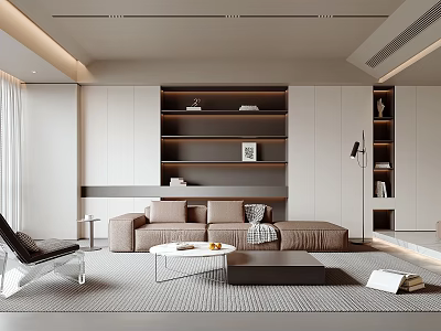 Minimalist Modern Living Room Interior Design With Light Sofa Coffee Table And Built In Shelves 3d model