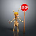 Cartoon Ant Character Wearing Yellow Safety Helmet Holding Hammer And Stop Sign
