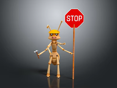 Cartoon Ant Character Wearing Yellow Safety Helmet Holding Hammer And Stop Sign 3d model