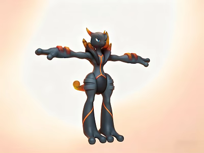 Black and Orange Doll with Horns Flame Accents Armor Like Design and Outstretched Arms 3d model