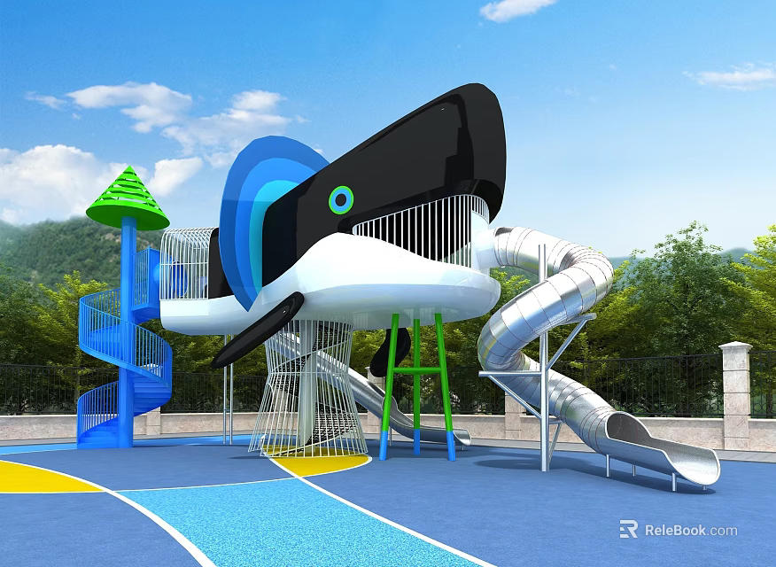 Colorful Whale Shaped Playground Featuring Silver Slides Blue Black Structure And Green Trees 3d model 