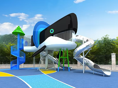 Colorful Whale Shaped Playground Featuring Silver Slides Blue Black Structure And Green Trees 3d model