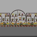 Garden Decor With Circular And Rectangular Flower Racks Holding Various Colorful Potted Flowers