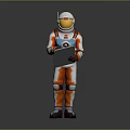 Game And Movie Character In Orange White Astronaut Style Spacesuit Holding Tablet