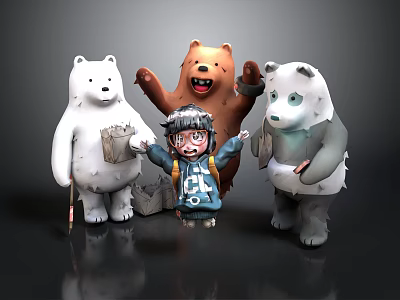 Cute Polar Bear Brown Bear Panda Bear With Child Standing Together Playfully 3d model