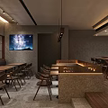 Modern Restaurant Interior With Wooden Tables Chairs Bar Counter Wine Racks And TV Screens