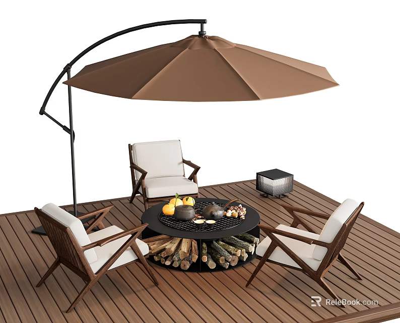 Outdoor Chairs With White Cushions Around Fire Pit Table On Wooden Deck And Brown Umbrella 3d model 